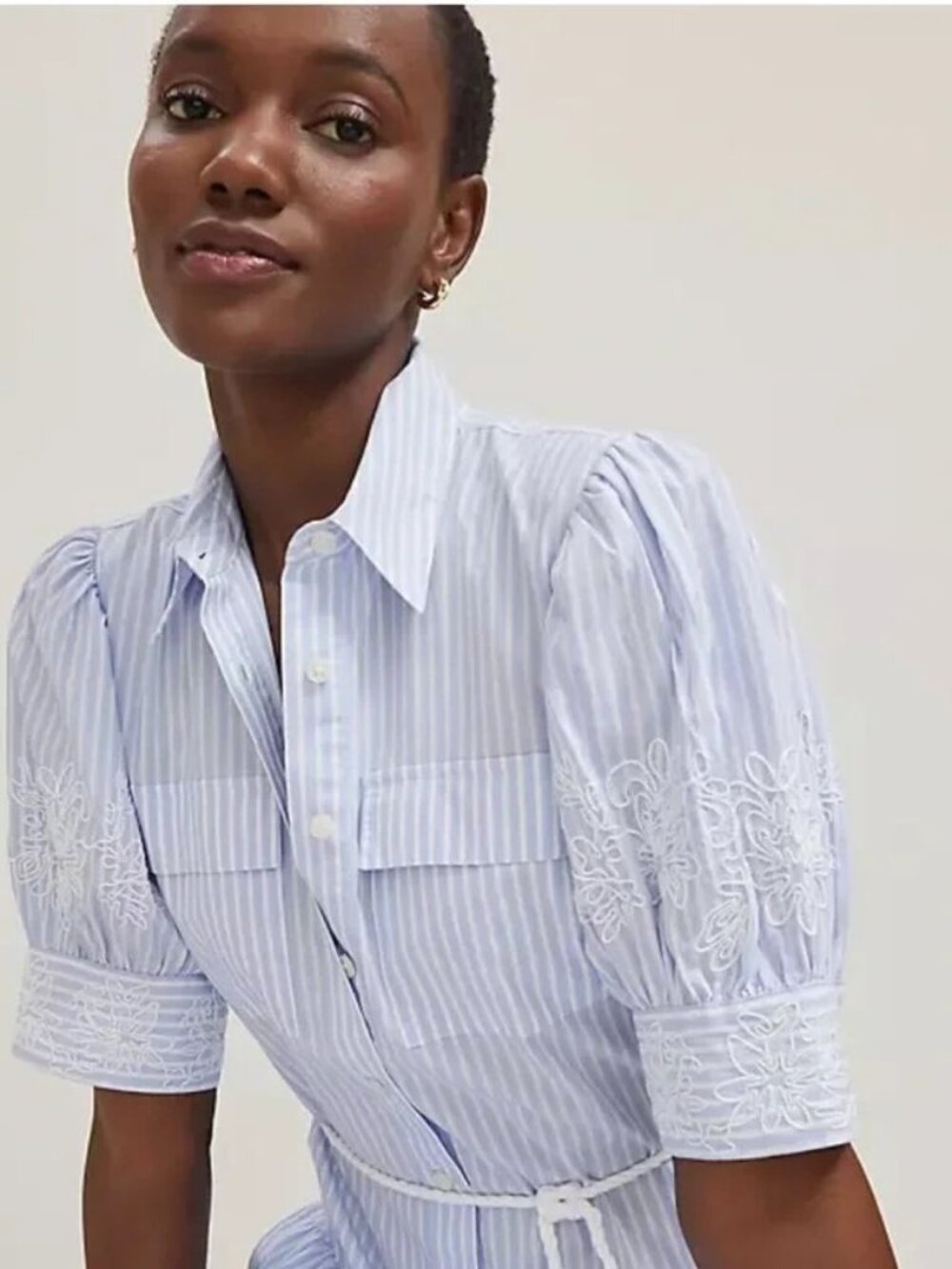 NWT Ann Taylor Embroidered Puff Sleeve Blue Striped Midi Shirtdress